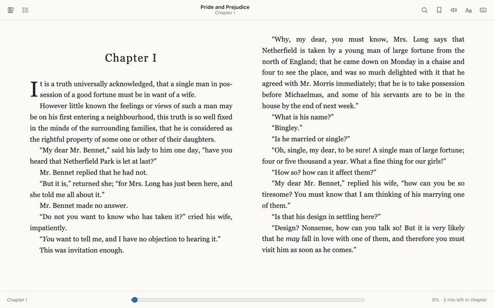 Quire EPUB Reader showing Pride and Prejudice as a two-page spread
