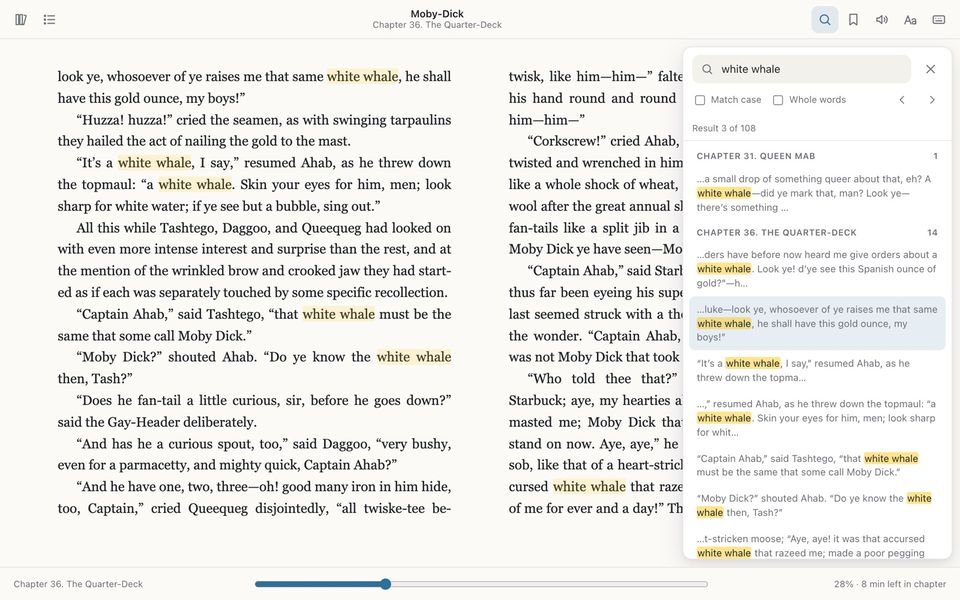 Searching Moby-Dick for “white whale”, with results grouped by chapter