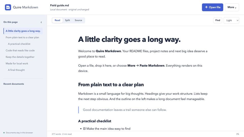 Quire Markdown showing a rendered document with a heading outline on the left