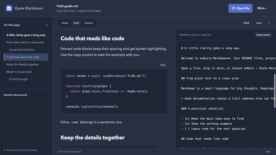 Quire Markdown in the dark theme with rendered page and Markdown source side by side
