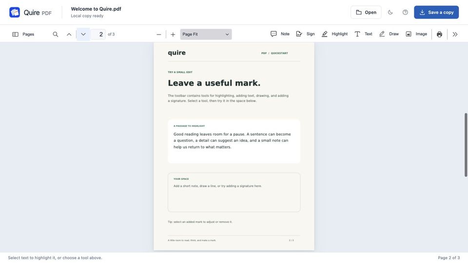 Quire PDF with a document open and the annotation toolbar: Note, Sign, Highlight, Text, Draw, Image