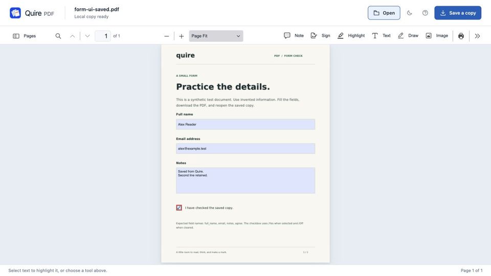 A PDF form in Quire PDF with name, email, notes and a checkbox filled in